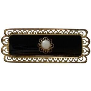 Antique 800 Sterling Silver Vermeil Filigree Onyx Mourning Bar Brooch Pin